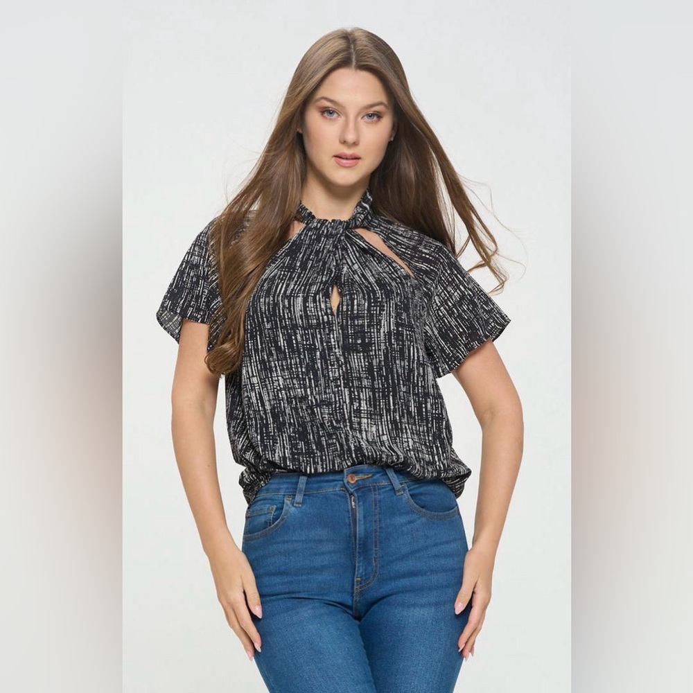 🆕 Sarah Hann Black Bamboo Print Blouse  Keyhole Cutouts Flutter Sleeves|XL NWT